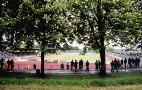 Vogtlandstadion - Totale gesehen zwischen den Bäumen im Hintertorbereich hindurch